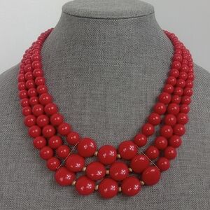 Vintage Red Triple Strand Graduated Bead Necklace with Extender Goldtone Accents
